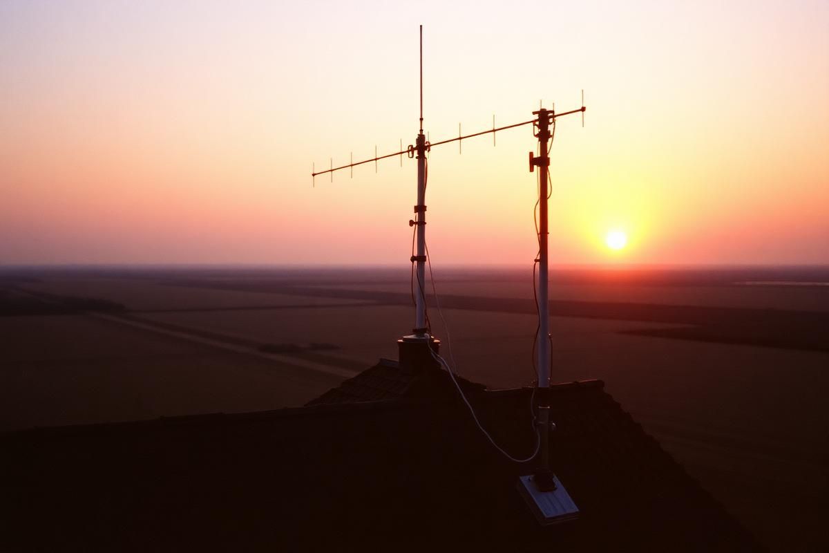 Zelfgebouwde antennemast op een boerderijdak in de polder bij zonsondergang